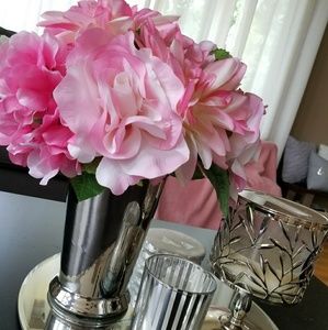 Pink flowers,  silver vase.